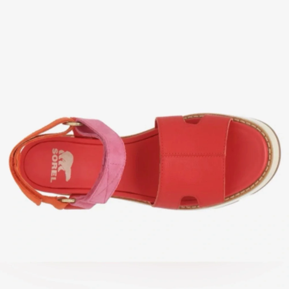 NWB Sorel Joanie IV Wedge Sandal, Red Glo/Honey White/Pink, Size 7.5